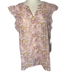 Sunny‎ Leigh Floral Eyelet Flutter Sleeve Top Pink Beige Blouse Medium NWT
